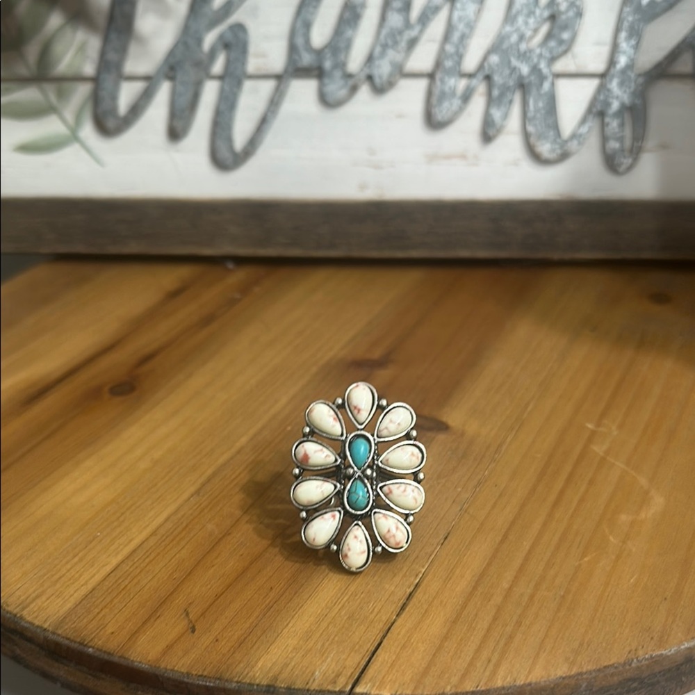 Turquoise and Cream Floral Ring